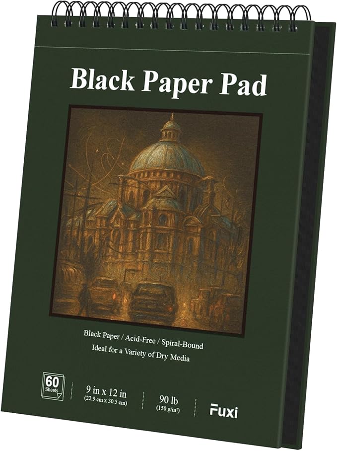 fuxi black paper sketchbook 9x12, 60 sheets（90lb/150gsm） hardcover spiral bound | black paper notebook for gel pen, colored pencil, artist supplies for adults, teens & students.