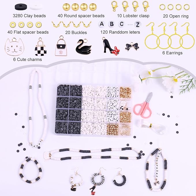Wuollgess 3500 PCS Black White Clay Beads Kit for Bracelets Making, Polymer Heishi Beads for Jewelry Making, Friendship Bracelet Kit for Adults, Letter Beads for Necklace Earring DIY