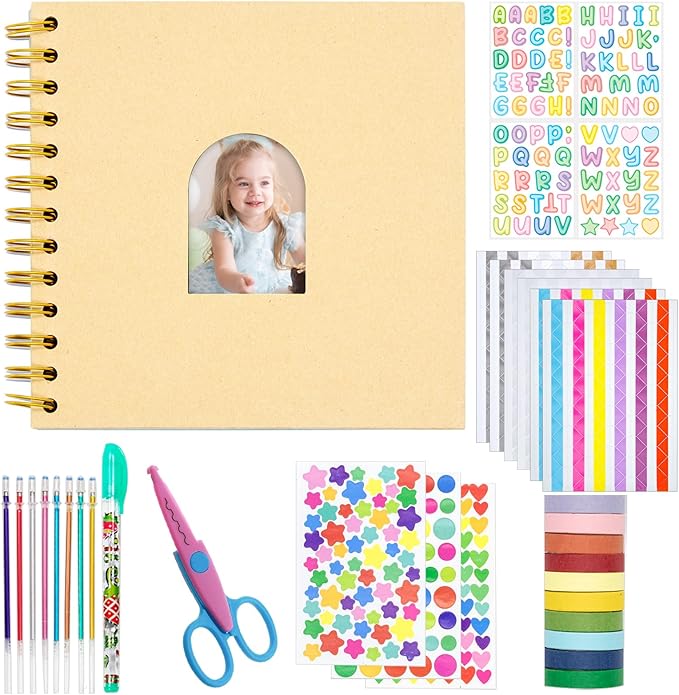 Kid Scrapbook DIY Photo Album Hard Cover Scrapbook Kit for Kids Instant Camera Print Paper with DIY Accessories (Brown)