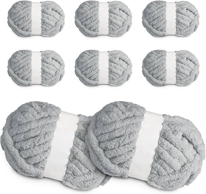 Super Soft Chunky Chenille Yarn – 8 Skeins × 8 oz (25 Yards Each) Jumbo Bulky Yarn for Crochet & Hand Knitting Blankets, Sweaters, Cushions, DIY Projects (Light Grey)