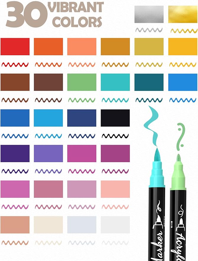 30 Colors Acrylic Paint Markers - Waterproof Dual Tip Acrylic Paint Pens with Brush & Fine Tip Professional Marker Set Scrapbook Markers for Paper Rock Wood Fabric Glass Ceramic and DIY Crafts
