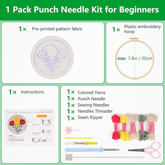 Enkor Punch Needle Kit Adults Beginner,Needle Punch Embroidery Kits Beginners Kids Include Instructions Video, Fabric,Hoop,Yarns,Threader-Flowers Love F1
