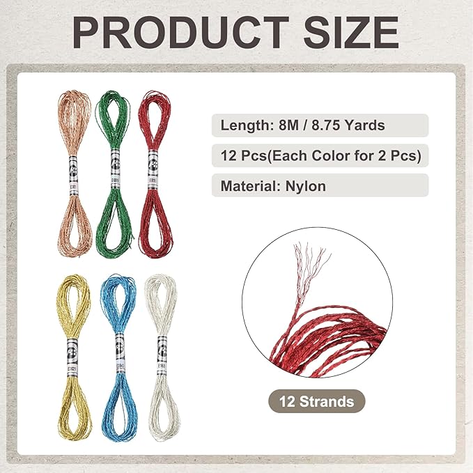 PATIKIL 12 Skeins Embroidery Floss, Metallic Embroidery Thread Nylon Threads Bracelets String for Cross-Stitch Hand Embroidery, Blue/Dark Green/Red/Light Gold/Bronze/Silver