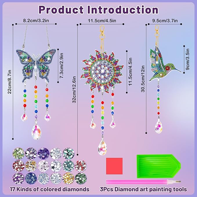 Arts and Crafts for Kids Ages 6-12, Birthday Gifts for 6 7 8 9 10 11 12 Year Old Girls, DIY Diamond Painting Kits for Kids Teens Adults, Butterfly Sun Hummingbird Wind Chimes for Home Garden Decor