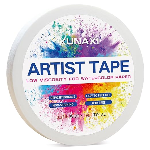 1 Pack Art Tape, Artist Tape for Watercolor Paper Low Tack White Painters Tape for Drafting Art Painting Canvas Framing Acid Free Masking Tape-0.25IN Wide 99FT Long Total