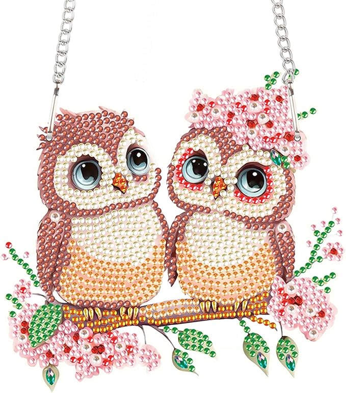 AiYuanzsh Owl Couple Diamond Art Hanging Ornament, 5D DIY Special Shape Diamond Painting Suncatcher Kit for Adults, Handmade Mosaic by Number Pendant Gift for Valentine’s Day