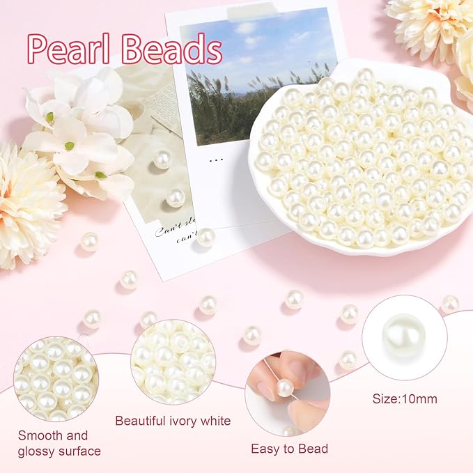400Pcs 10mm Pearl Beads with Hole, Loose Cute Large White Pearl Bead for Crafting, Tiny Round Acrylic Pearls Beads for Jewelry Making Kit, Necklace, Earring, Bracelet, DIY Craft, Vase Filler