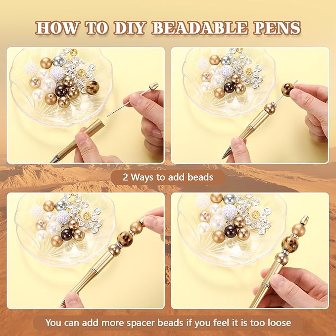 Geyee 15 Pcs Plastic Beadable Pens Assorted Bead Pens Multicolor Bubblegum Crystal Spacer Beads, Black Ink Ballpoint DIY Set, Back to School Gift for Student Summer Ocean Party Gifts(Gold Brown)
