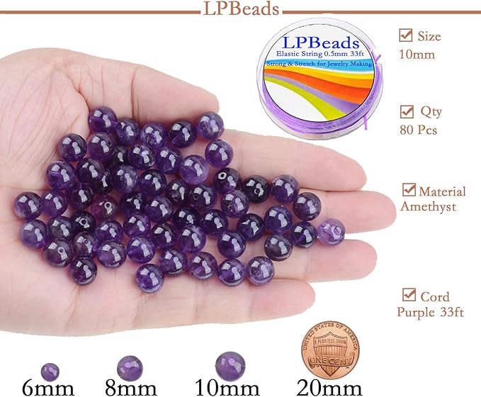LPBeads 80Pcs Polished 10mm Round Natural Amethyst Gemstone Loose Beads with Stretch Cord for Jewelry Making Bracelets