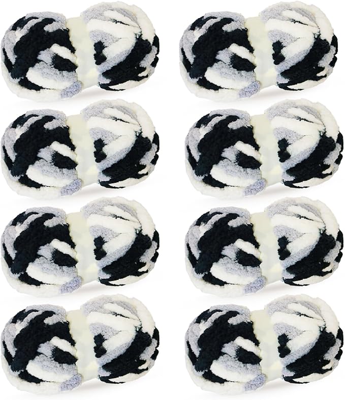 White+Light Gray+Black Chunky Chenille Yarn for Crocheting Bulky Thick Fluffy Yarn for Knitting,Super Bulky Hand Blanket,Soft Plush Yarn Crochet Carpet 8 Jumbo Pack(63.76oz/197.68yd