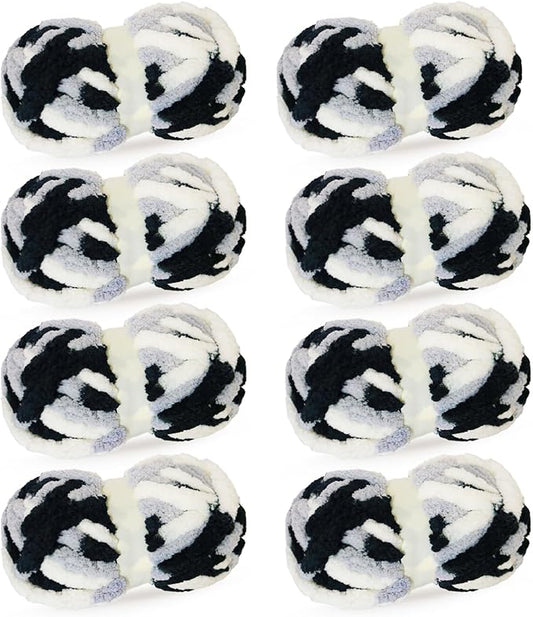 White+Light Gray+Black Chunky Chenille Yarn for Crocheting Bulky Thick Fluffy Yarn for Knitting,Super Bulky Hand Blanket,Soft Plush Yarn Crochet Carpet 8 Jumbo Pack(63.76oz/197.68yd