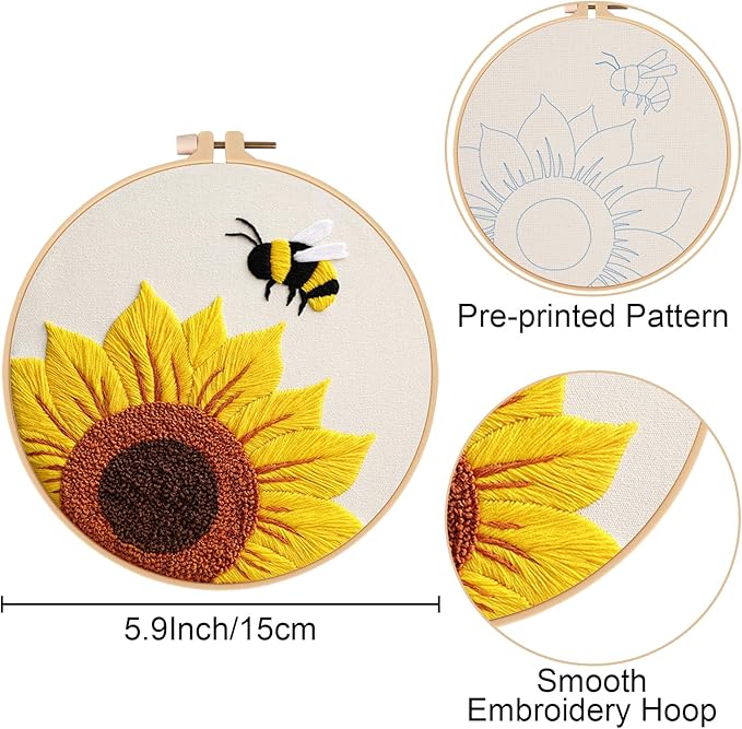 Nuberlic Sunflower Embroidery Kit 3 Pack Embroidery Kits for Adults Beginners Starter Cross Stitch Kit Set with Sunflower Floral Designs - Perfect DIY Gift