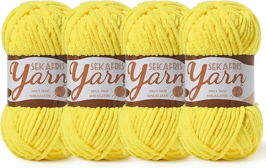 4 Pack Fluffy Velvet Yarn for Crocheting，Baby Blanket Yarn for Crocheting Soft，200g(262.4yds) Amigurumi Yarns，Plush Chenille Crochet Yarns，Puzzle Yarn for Crochet Weaving Craft(4 Yellow)