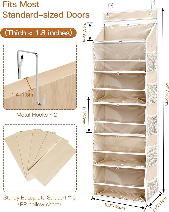 Hanging Yarn Storage Organizer, Large Capacity Over the Door Yarn Organizer with 6 Clear Zipper Pockets 10 Mesh Side Bags, Hanging Yarn Holder Knitting Storage Bag for Crochet Hooks, Beige