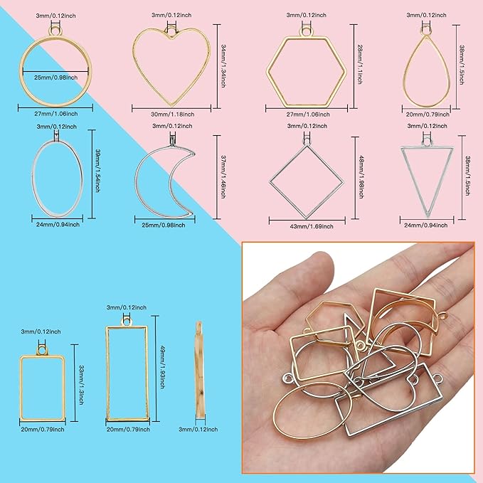 40pcs Open Bezel Pendants for Resin,2 Colors 10 Styles Assorted Geometric Hollow Frame Pendant Open Frame Pendant for Jewelry Making,Resin Casting,Pressed Flower,DIY Crafts(K Gold,White K)
