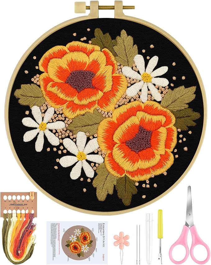 ERKOON Embroidery Kit for Beginners, Flower Cross Stitch Set Include Embroidery Cloth Hoops Threads for Craft Lover Hand Stitch with Embroidery Skill Techniques (Floral)
