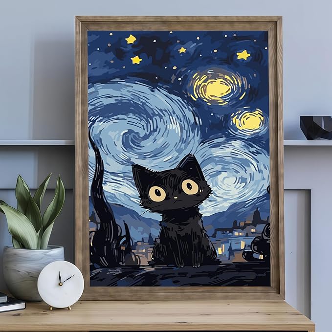 Mosaflare Paint by Numbers for Adults Beginner, Black Cat Adult Paint by Number Kits on Canvas, DIY Starry Night Acrylic Oil Easy Painting by Numbers for Home Wall Decor 16X20 inch (Without Frame)