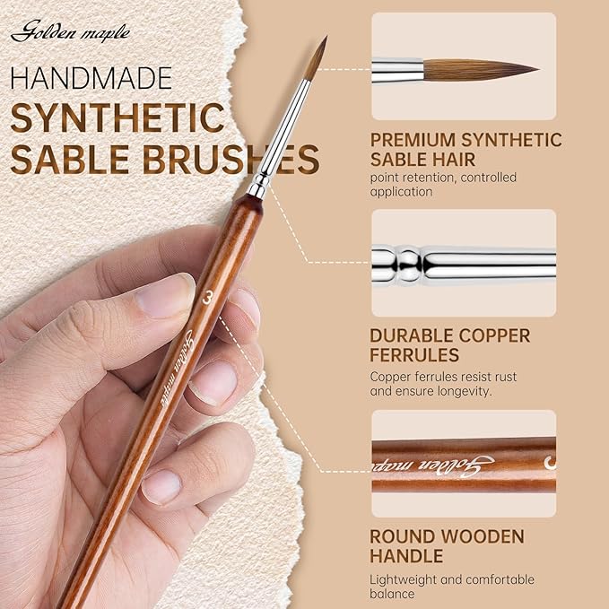 Golden Maple Artist Paint Brushes, 10PC Synthetic Sable Brush Set Miniature Fine Detail Paint Brush, Round Point Paint Brush Set for Miniatures, Acrylic & Figures, Model, Watercolor Details