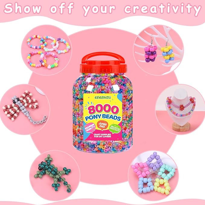 glitter pony beads for bracelet 8050 pcs multi-colored beads bulk for hair jewelry making braiding diy crafts kandi key chains and ornaments decorations 9 assorted colors,boxed (8050)