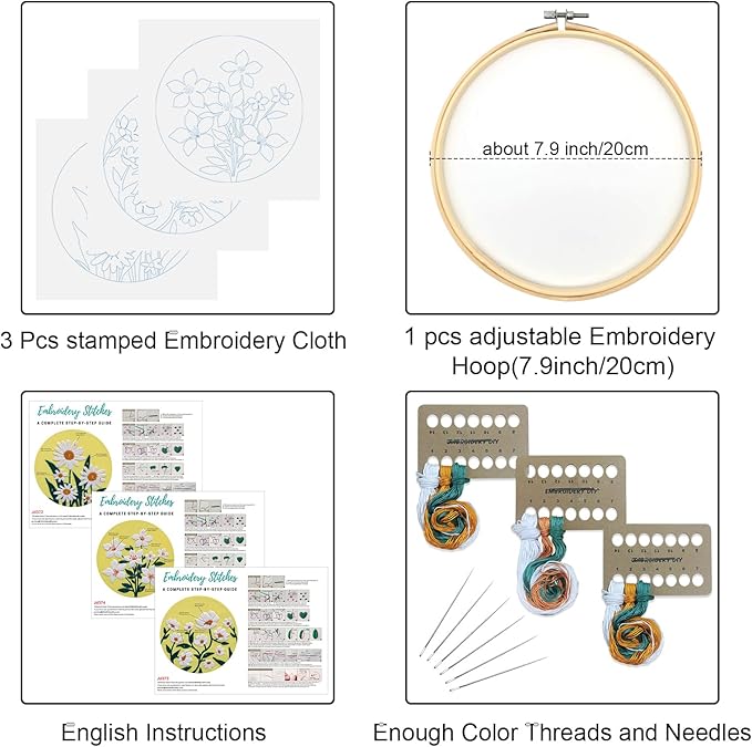 Louise Maelys 3 Sets Flowers Embroidery Kits for Beginners,Cross Stitch Kit for Adults,DIY Needlepoint for Starters Including Florals Pattern, Hoop,Instruction and Threads