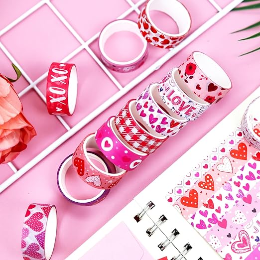 12 Rolls Love Heart Washi Tape Set, Pink Heart Floral Decorative Tape Red Purple XOXO Valentine Masking Tape for Journaling Supplies,Scrapbooking,Wedding Party, Planner,DIY Arts & Crafts