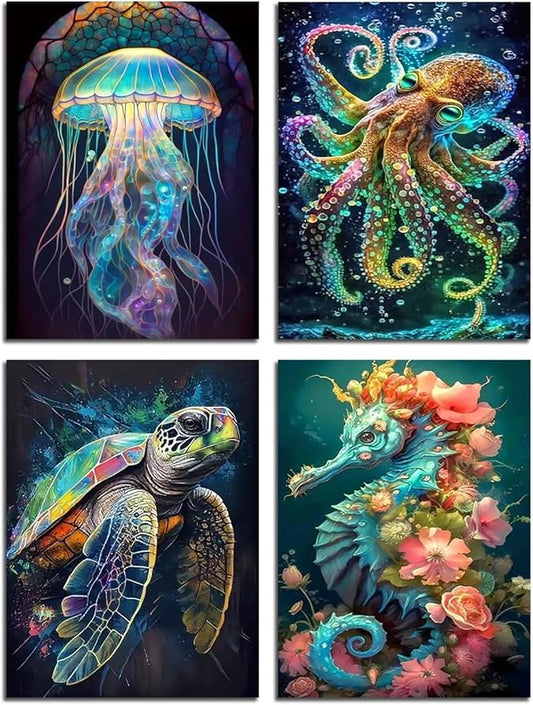 4 Pack Stamped Cross Stitch Kits for Adults - Cross Stitch Kits for Beginners,11 CT Ocean Animal Cross Stitch Patterns Dimensions DIY Counted Cross Stitch Kits for Adults Arts Craft 12x16 inch