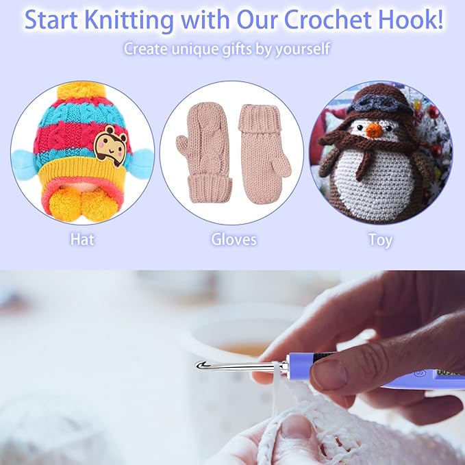 Counting Crochet Hook Set with Case – 12 Sizes Interchangeable Metal Heads (2.0–8.0mm), Rechargeable Light Up Crochet Hook with Digital Counter, Ergonomic Crochet Hooks Kit for Beginners & Experts