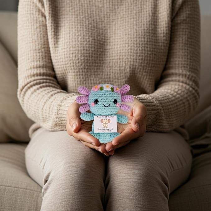 Handmade Mini Positive Crochet Animals Customizable Card Set with Positive Messages Emotional Support Crochet Birthday Gift for Woman Men Her him Motivational Desk Decor (Axolotl - Mom)