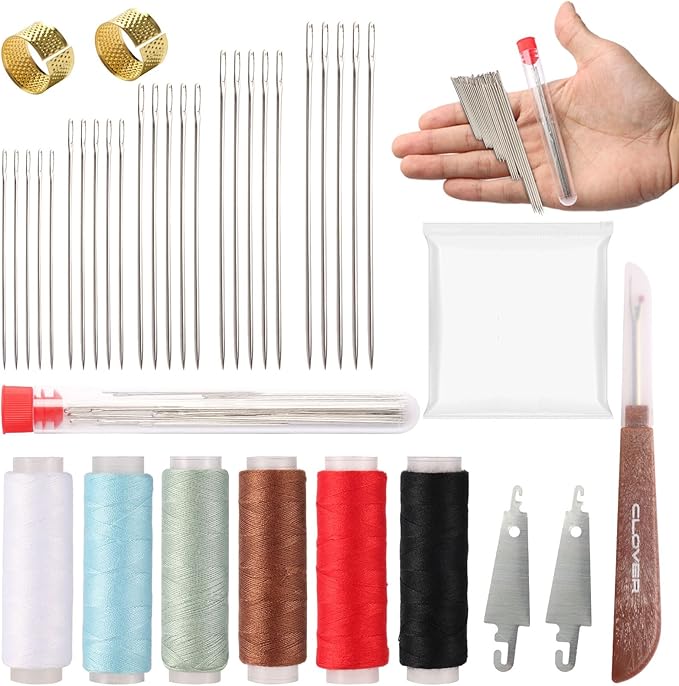 38 PCS Steel Needles for Hand Sewing, Sewing Repair Kit, Embroidery Tool Kit, Include 25 Steel Needles, 1 Seam Sewing Thread Ripper, 2 Needle Threaders, 6 Threads, 2 Thimbles, 1Storage Bag