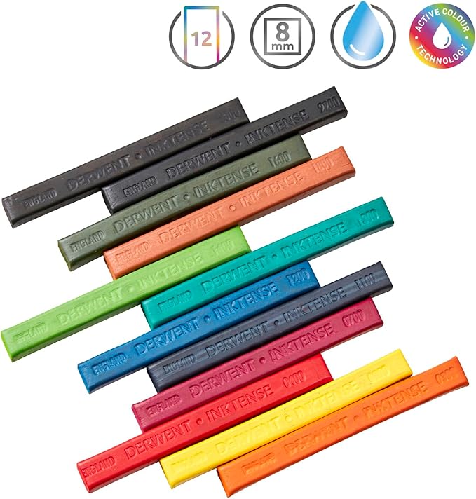 Derwent Inktense Blocks 12 Tin, Set of 12, 8mm Block, Soft Texture, Watersoluble, Ideal for Watercolor, Drawing, Coloring, Crafts and Painting on Paper and Fabric, Professional Quality (2300442)