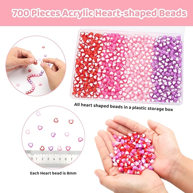 700 Pieces Valentine’s Day Heart Beads, Assorted Colors Acylic Heart Bead for Bracelet Making Kit Jewelry Necklace Earring Making DIY Crafts