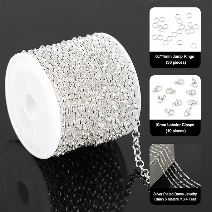 YOUBEIYEE 16.4 Feet Silver Plated Brass Jewelry Chain Roll Rolo Chain Necklace Bracelet DIY for Women Jewelry Supplies Findings