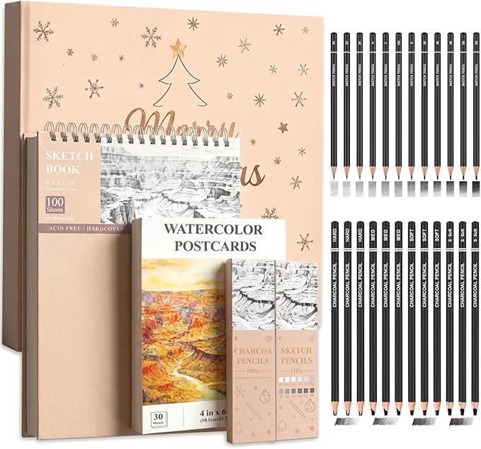 sufly sketchbook and pencils sets, sketch supplies complete: sketchbook 9x12, watercolor postcards, graphite (12b-4h), charcoal pencils (hard/medium/soft), sketching kit for kids 9-12.