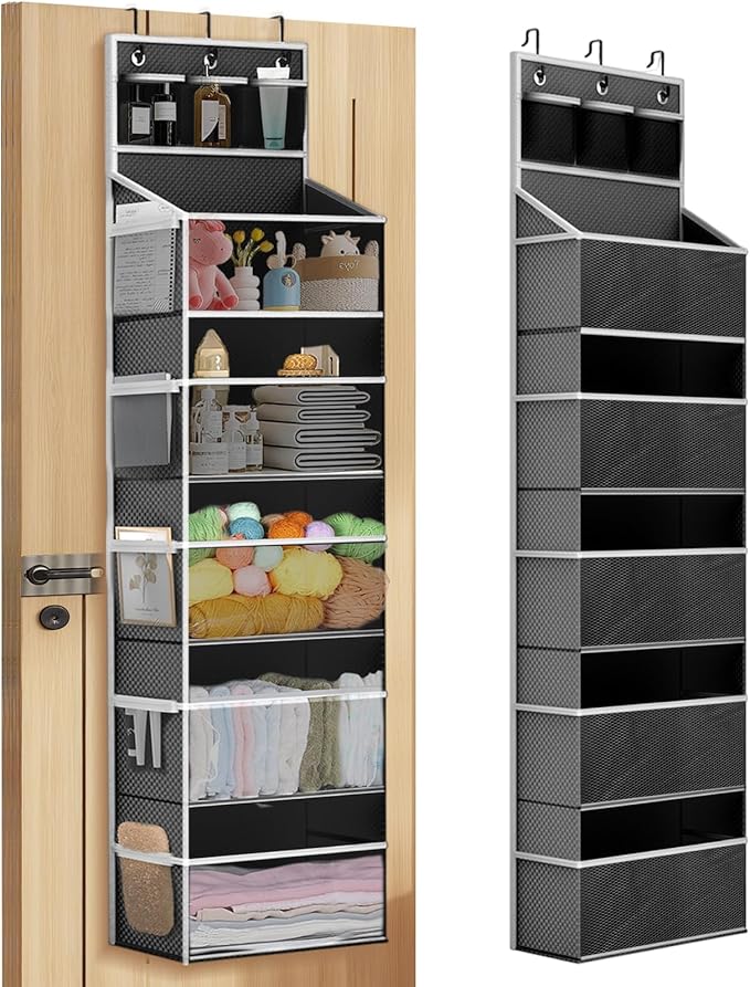 Hanging Yarn Storage Organizer, Large Capacity Knitting Yarn Organizer Storage with 5 Deep Pockets 13 Mesh Bags, Over The Door Yarn Holder for Knitting Needles Crochet Hooks, Black