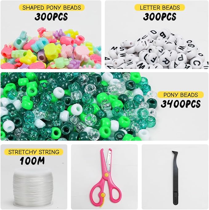 iooleem green solid & glitter bulk pony beads - 4000pc kit for friendship bracelets & jewelry making, easy storage