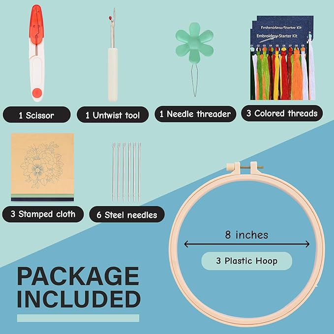 Colorful Flowers Embroidery Kit for Beginners – DIY Hand Embroidery Set with 3 Hoops, Stamped Patterns, Needles, Thread, Scissors – Floral Embroidery Kit for Adults, Teens, Women, Craft Lovers