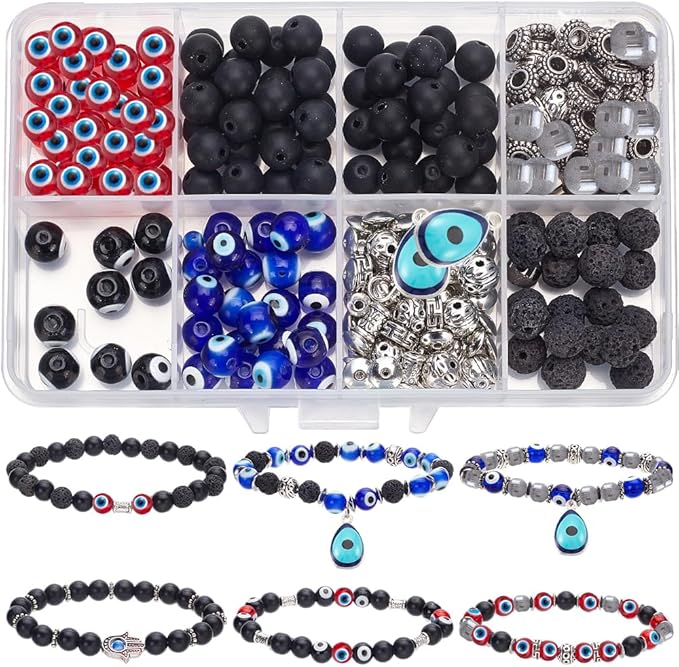SUNNYCLUE 1 Box 6 Sets Evil Eye Bracelet Making Kits Lucky Hamsa Charms Blue Lampwork Glass Bead Natural Lava Rock Beads Spacer Beads for Jewelry Making Kits Women Adults Bracelets Adults