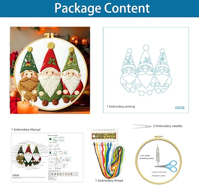 Zhenqing 3 Gnomes Embroidery Kit for Beginners - 29x29cm Printed Fabric, Hoop & Full Tools Included (C0028)