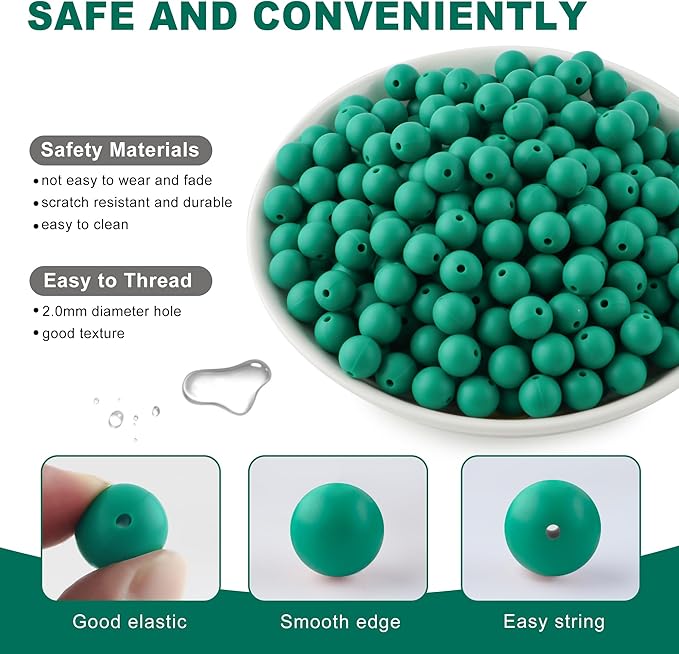 160Pcs 12mm Silicone Beads for Keychain Making Bracelet Necklace, Bulk Round Silicone Beads for Pens（Deep Green）