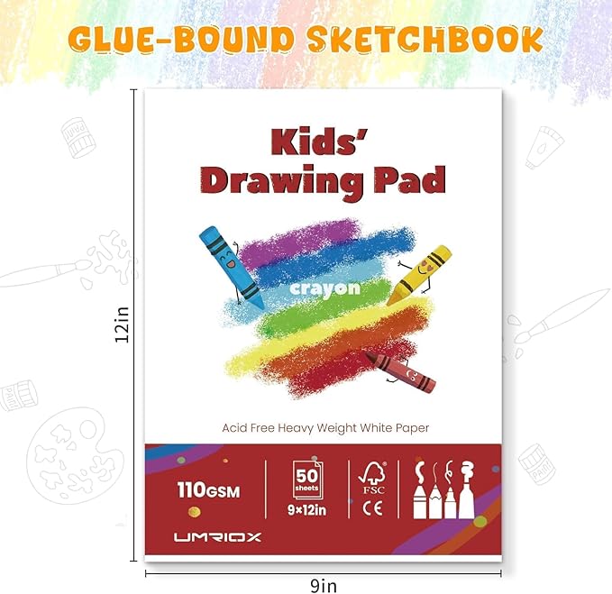 umriox drawing pad for kids, 9" x 12" sketch book, 4-pack sketch pad (50 sheets each), 110gsm acid-free drawing paper, glue-bound art sketchbook for kids' classroom, travel & school art supplies