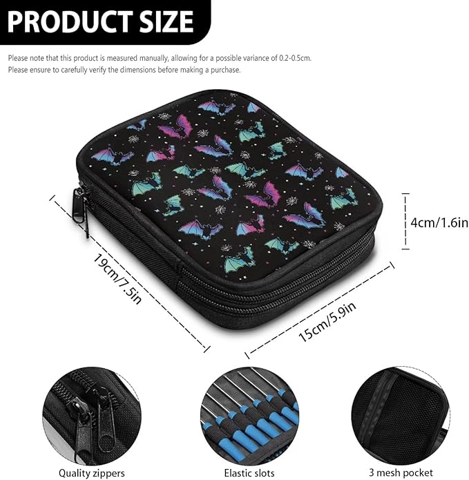 Hechitok Halloween Bats Crochet Hook Case Empty Zipper Bags Organizer Travel Crochet Storage Bag with Web Pocket for Carrying Various Crochets and Knitting Accessories