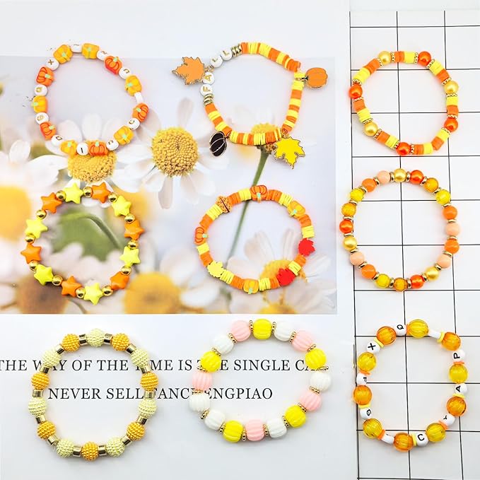 1470Pcs Fall Bracelets Kit - Thanksgiving Fall Beads for Jewelry Making - Autumn Maple Leaf Pumpkin Clay Beads Pearl Star Round Loose Spacer Heishi Beads for Necklace Earrings DIY Craft