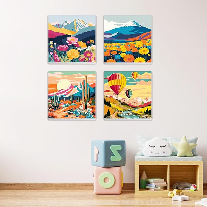 MXJSUA 4 Pack Sunset Mountains Landscape Framed Paint by Numbers Kit with Canvas for Adults Beginner, DIY Acrylic Oil Painting Kits with Brushes for Home Wall Decor Gift (8x8 inch)