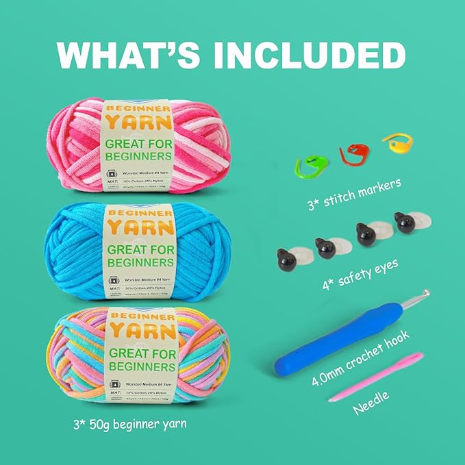 3 * 50g/1.76oz Yarn for Crocheting and Knitting, 3 * 60yds Beginner Yarn with Easy-to-See Stitches; Worsted-Weight Medium #4;Amigurumi-Friendly Crochet Kit(Petal+Blue+Merry Pink)