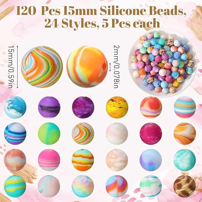 Ferreve 120 Pcs 15mm Silicone Beads Bulk Flower Silicone Beads Floral Print Rubber DIY Bracelet Making Kit for Keychain Making Pens Necklace Jewelry(Stylish)