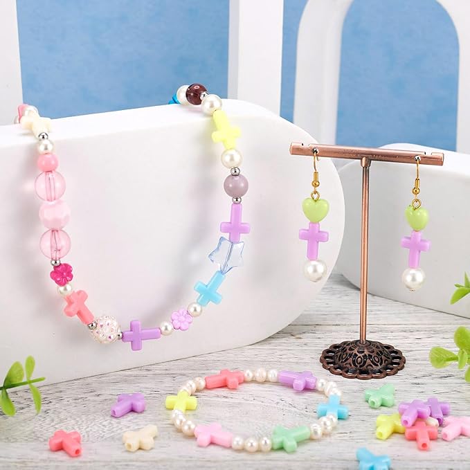 FASHEWELRY 100Pcs Candy Color Acrylic Crosses Spacer Mixed Color Crucifix Loose Cute Beads Bulk for Bracelet Necklace Jewelry Making