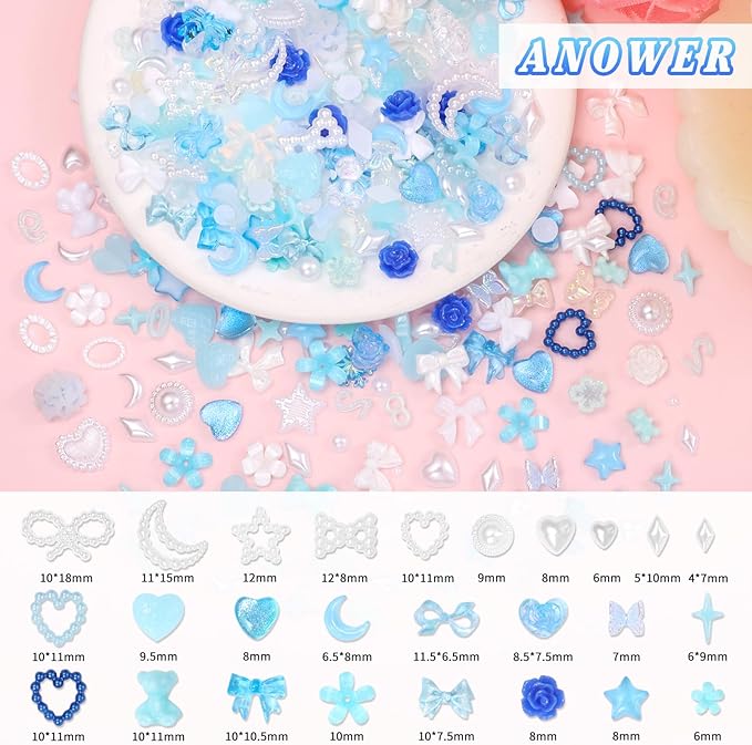 330 Pcs Blue Junk Phone Case Charms 26 Pcs A-Z Rhinestone Alphabet Letter Charms, Mix Flower Bow Heart Pearls Flatback Resin Charms Letter Junk Cases Kit for DIY Crafts