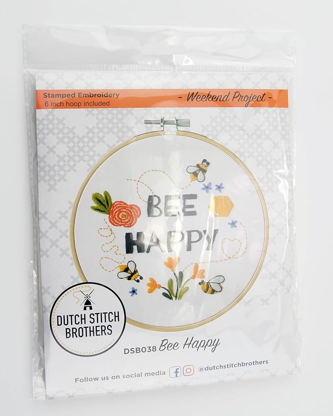 DUTCH STITCH BROTHERS Bee Happy Embroidery Starter Kit with Pattern and Instructions. Stamped Embroidery Kits with Embroidery Clothes with Pattern. 6" Embroidery Hoop