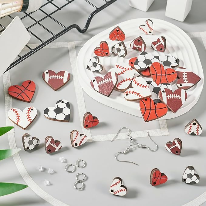 Beadthoven Wood Earrings Making Kit Sports Love Heart Shape Wood Pendants with Stud Earrings Printed Sport Ball Dangle Earring Charms Earring Hooks Jump Rings Ear Nuts for Jewelry Making Sport Lover
