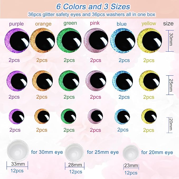 Nizdyzy 36pcs Large Safety Eyes for Crocheting Glitter Safety Eyes for Amigurumi Stuffed Animals Crochet DIY Dolls and Toys Making
